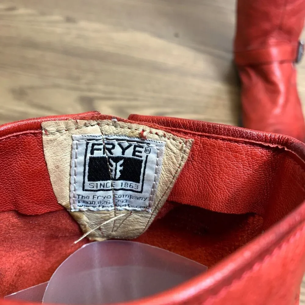 Frye Veronica Slouch Boots Moto Boys Size 2.5 Red Leather‎ Pull-On Buckle